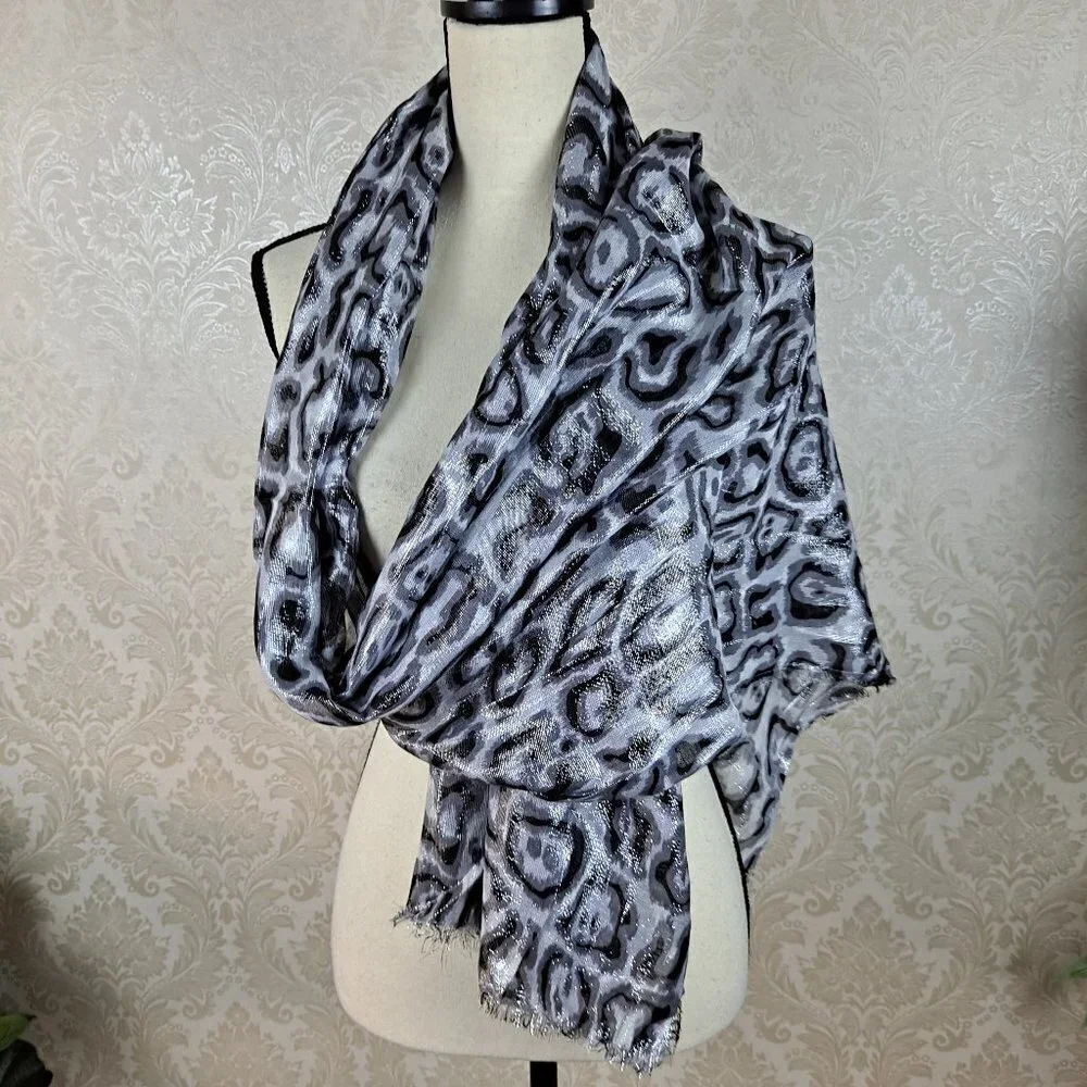 Metallic Animal Print Scarf Gray/Black/Silver Small Fringe on Ends